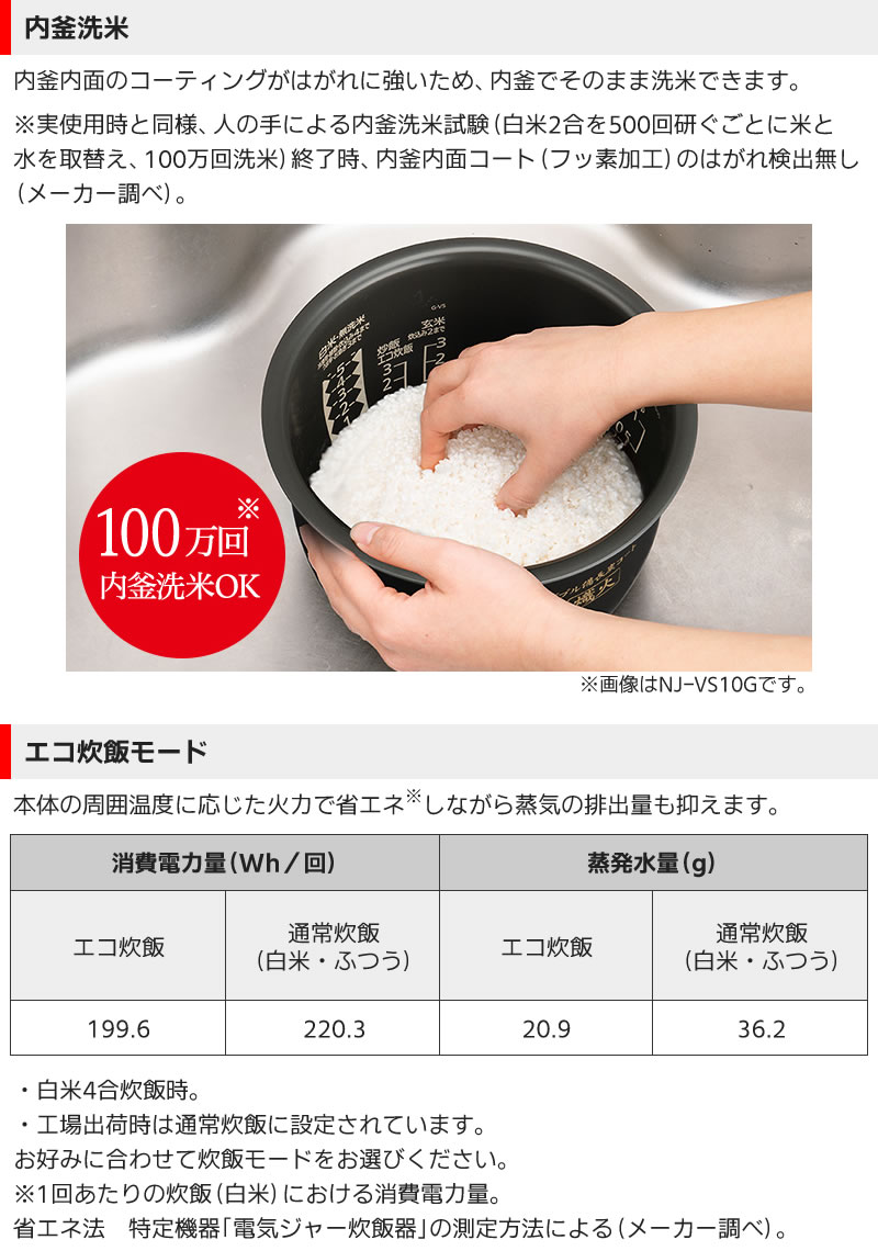 三菱電機ダブル備長炭コート熾火炭炊釜NJ-VS18G-Bの内釜洗米・エコ炊飯モード